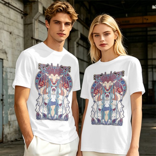 Olive green t-shirt with stained glass style forest spirit anime artwork