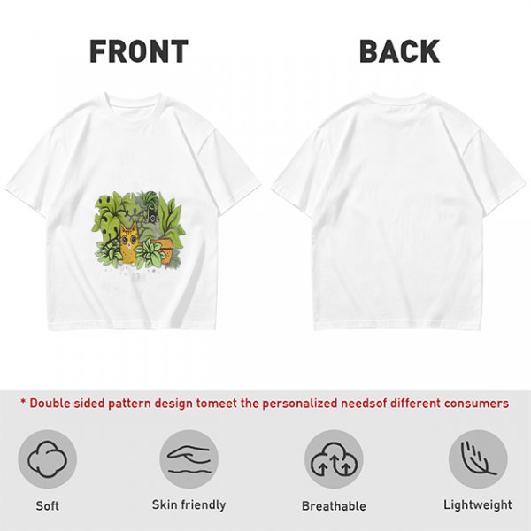Olive T-Shirt With Playful Cat And House Plants Graphic