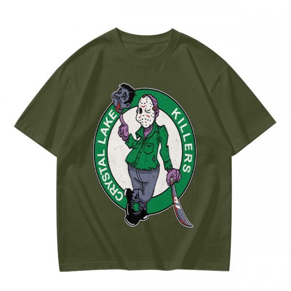 Army Green T-Shirt with Crystal Lake Killers Jason Voorhees Graphic