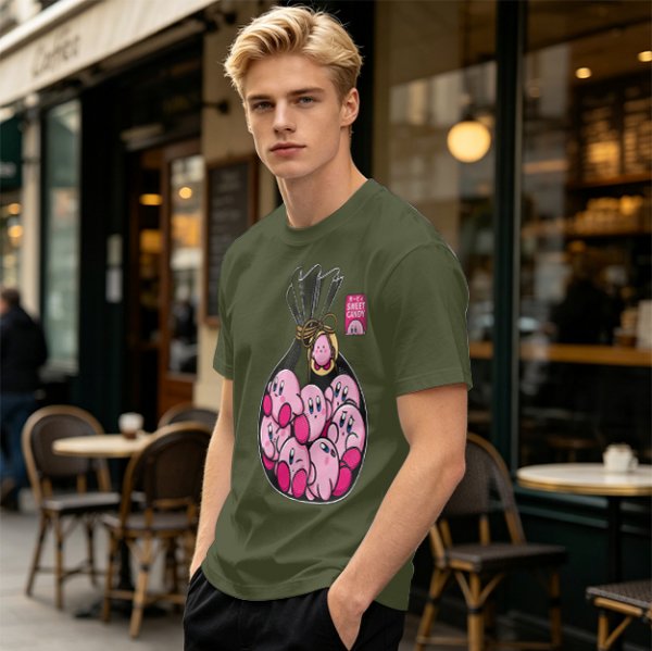 Olive T-Shirt With Cute Kirby Candy Bag Graphic