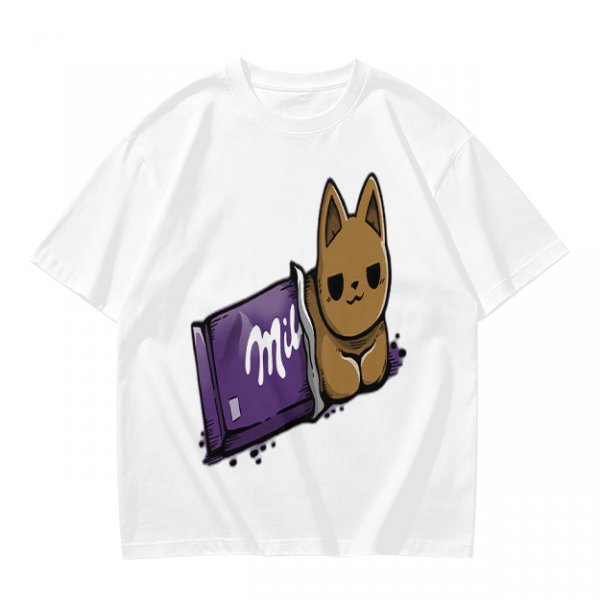 Olive T-shirt with a cartoon cat emerging from a purple chocolate wrapper print