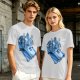 Olive T-shirt with retro blue cartoon car and characters graphic