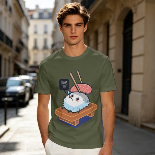 Olive T-Shirt With Sad Sushi Character Saying Thanks Chef Print