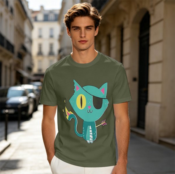 Olive Green T-Shirt With Pirate Cat Graphic Print