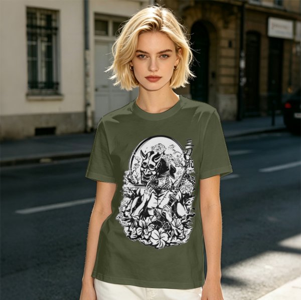 Oni Mask Samurai Floral Graphic Olive T-Shirt