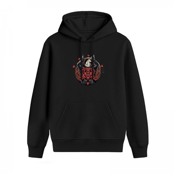 Black Hoodie With Red Demon and Unicorn Graphic Print