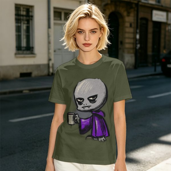 Olive T-Shirt With Grumpy Vampire Holding Coffee Mug Print