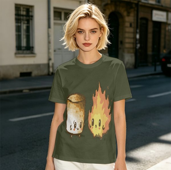 Olive T-Shirt With Cute Roasted Marshmallow And Fire Graphic