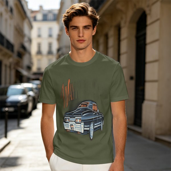 Olive Green Graphic T-Shirt with Classic Dark Car and Orange Text Print