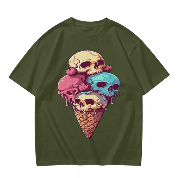 Olive T-Shirt With Skull Ice Cream Cone Graphic