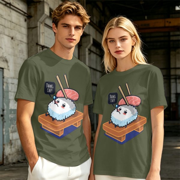 Olive T-Shirt With Sad Sushi Character Saying Thanks Chef Print