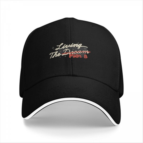 Black baseball cap with 'Living The Dream Plan B' graphic print