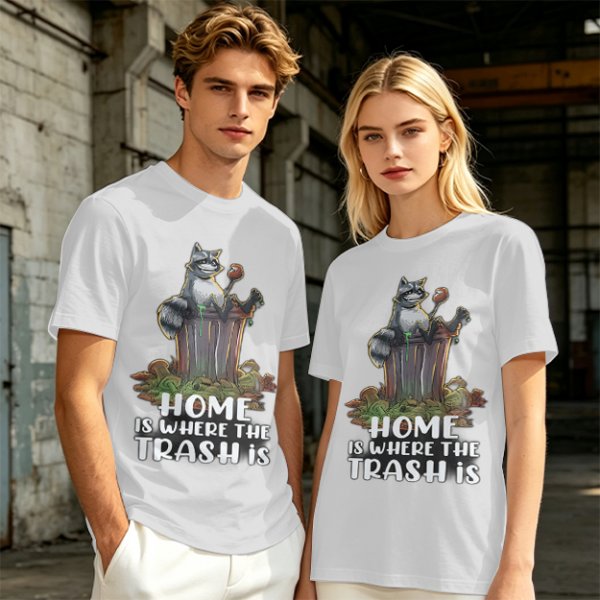 Olive t-shirt with raccoon in trash can and funny home quote