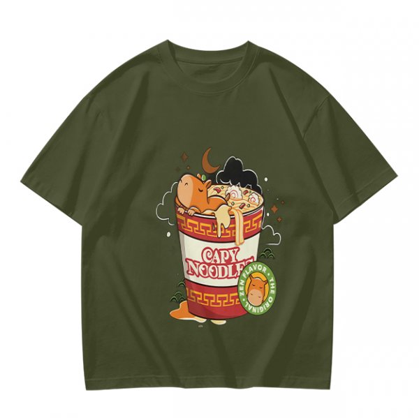Olive T-Shirt with Capybara in Cup Noodle Graphic Print