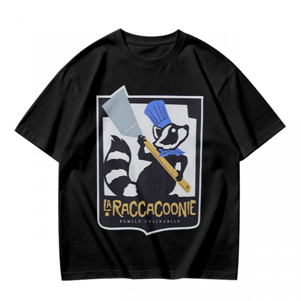 Olive green t-shirt with raccoon chef graphic and text
