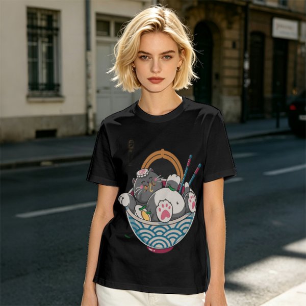 Oversized T-Shirt With Chubby Cat In Ramen Bowl Print