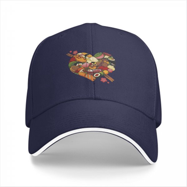 Black baseball cap with heart shaped food print design