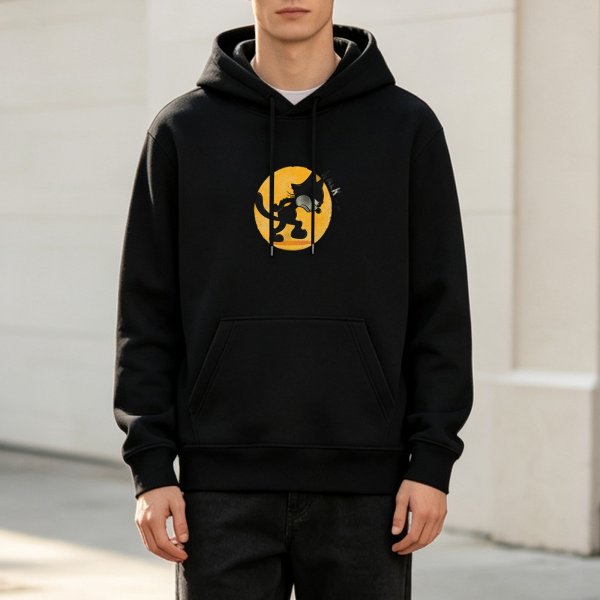 Black Hoodie With Silhouette Cat Against Yellow Moon Graphic