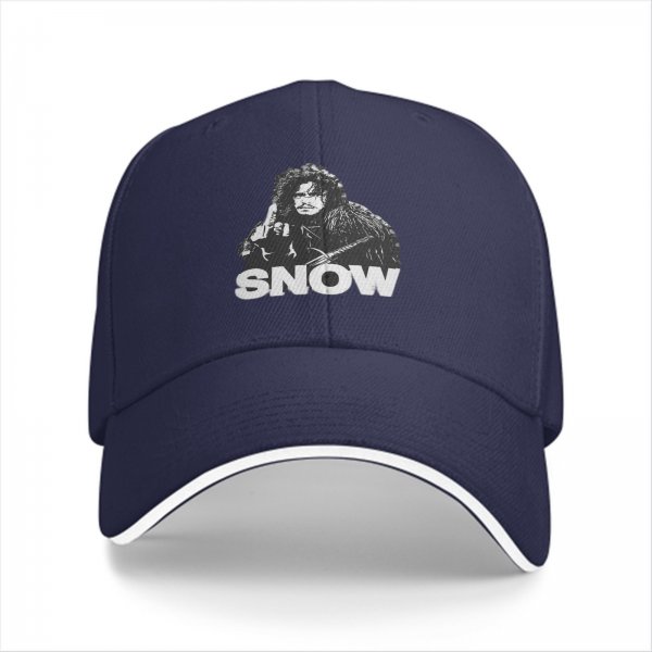 Black baseball cap with Jon Snow graphic and SNOW text