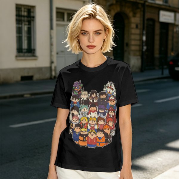 Olive T-shirt with cute chibi anime character group print