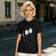 Olive T-shirt with a black cartoon cat holding a bloodied knife
