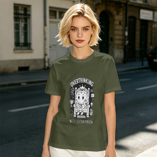 Oversized Army Green T-Shirt with Overthinking World Champion Brain Graphic