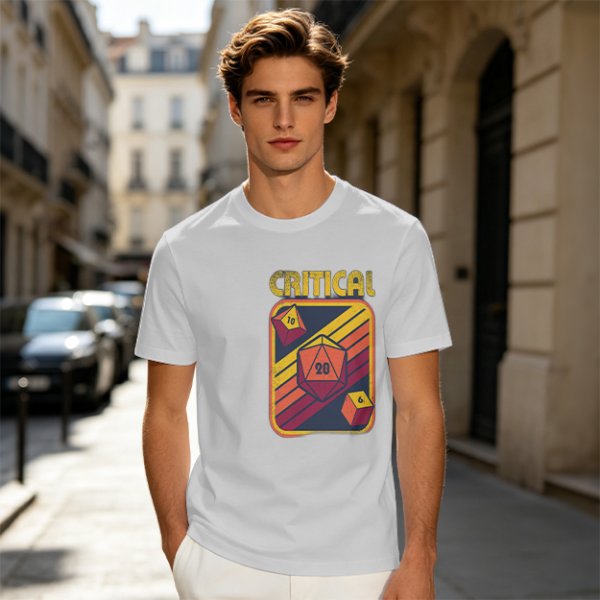 Retro Critical D20 Dice T-Shirt for Tabletop RPG Fans