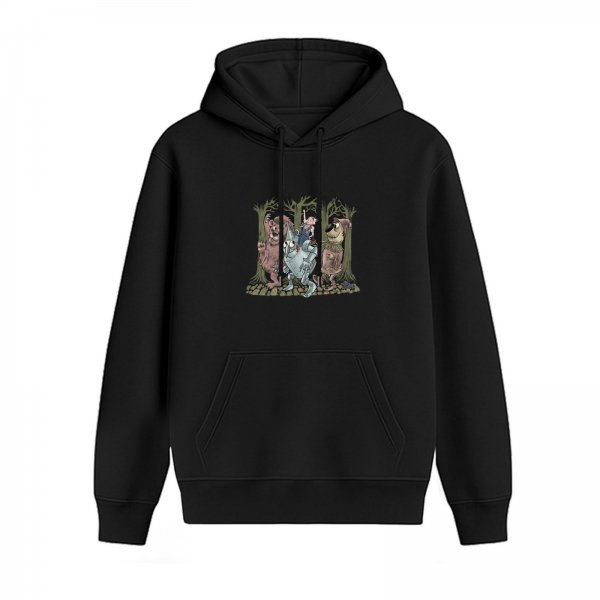 Black hoodie with whimsical forest creature graphic print