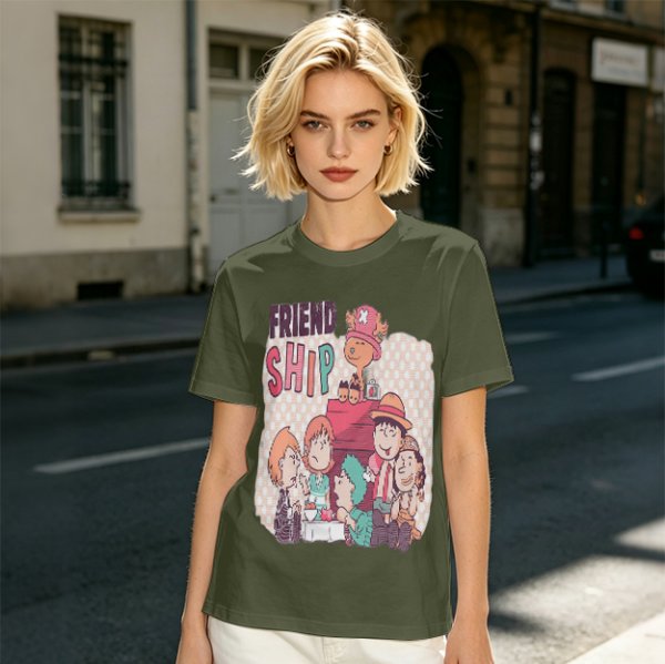 Olive T-Shirt with Friendship Themed Cartoon Crew Print