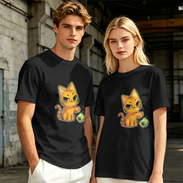 Olive T-shirt with mischievous orange cat knocking over green cup print