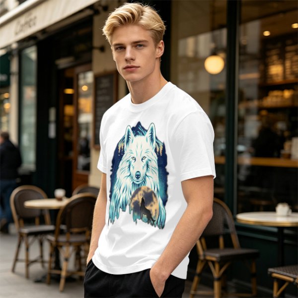 Olive T-Shirt With White Wolf And Howling Wolf Moon Graphic