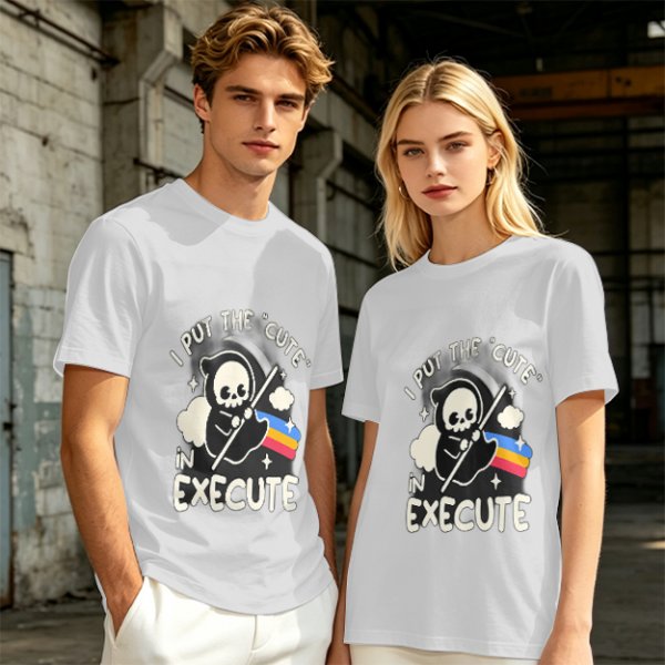 Olive t-shirt with cute grim reaper 'I put the cute in execute' print