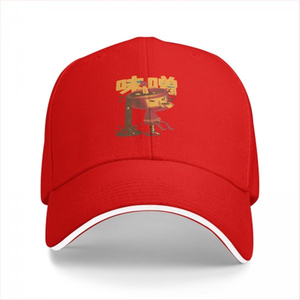 Black baseball cap with whimsical miso soup character graphic