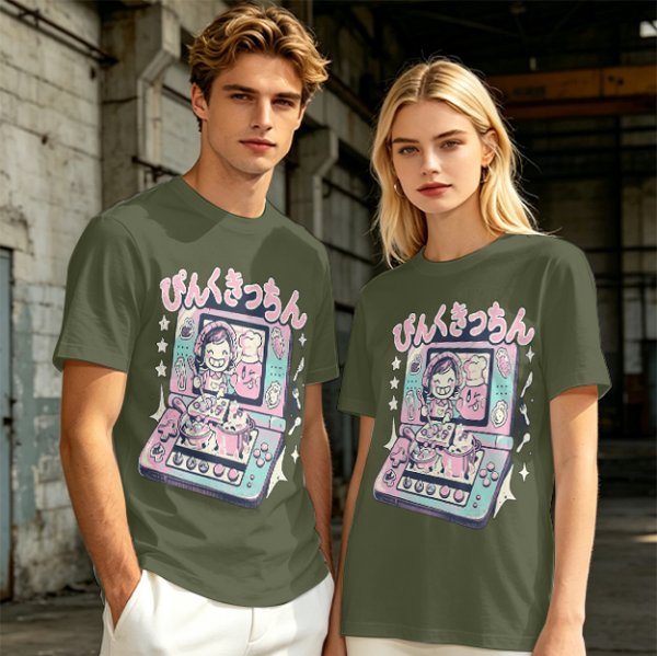 Olive green graphic t-shirt with cute handheld game kitchen art