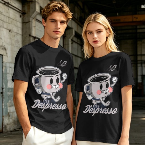 Olive green t-shirt with running espresso cup graphic and 'Less Despresso' text