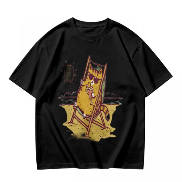 Olive T-Shirt With Cool Cat Lounging On Beach Chair Holding Drink