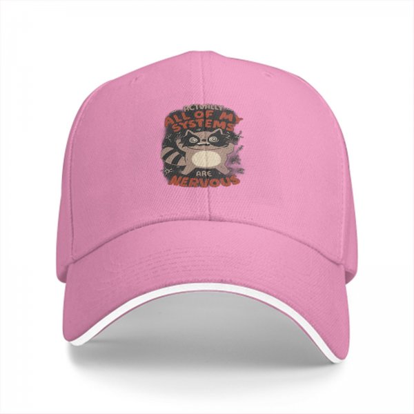Black baseball cap with nervous raccoon 'all my systems are nervous' print