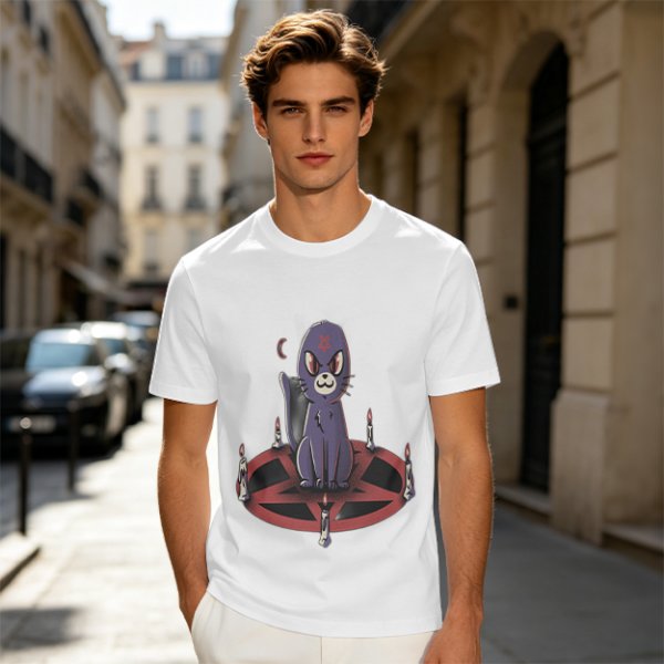 Olive T-Shirt With Purple Demon Cat On Pentagram And Candles
