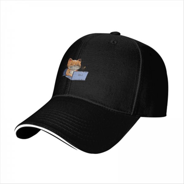 Black baseball cap with a cartoon cat working on a laptop print