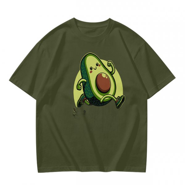Olive Green T-Shirt with Cute Running Avocado Graphic