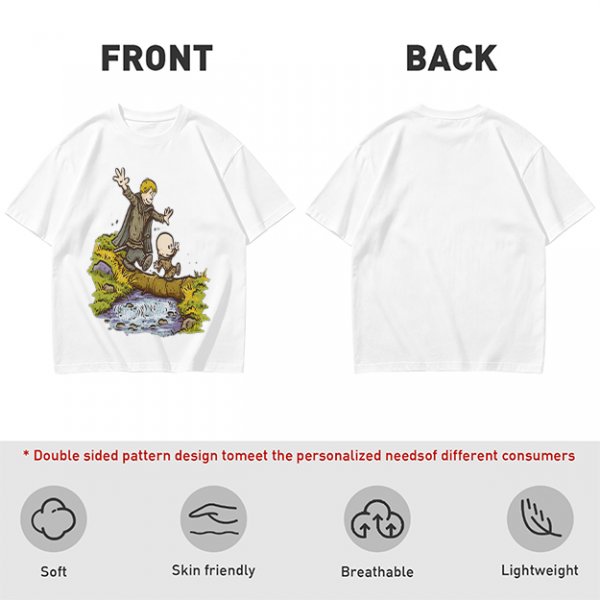 Olive T-shirt with fantasy characters balancing on a log over a stream