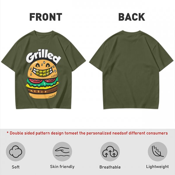 Olive T-Shirt with Smiling Grilled Burger Graphic