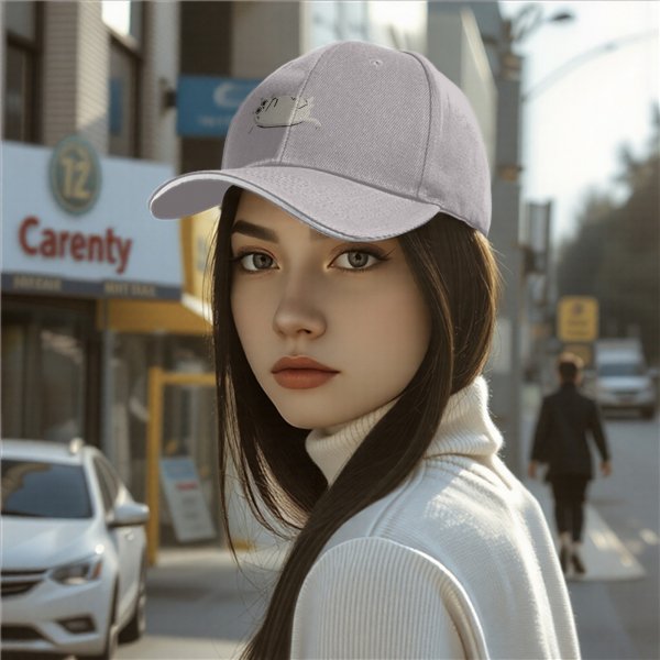 Black baseball cap with a stressed chubby white cat graphic