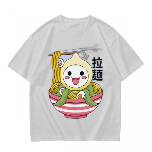 Owl-like character in ramen bowl graphic olive green t-shirt