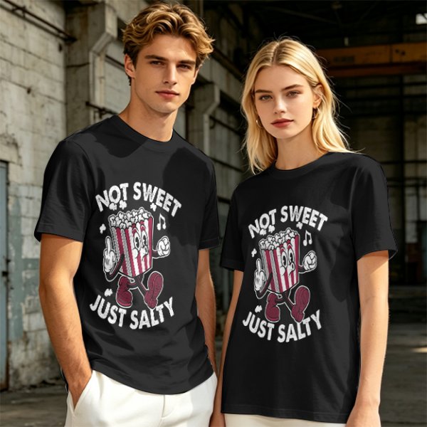 Olive T-Shirt with 'Not Sweet Just Salty' Cartoon Popcorn Print