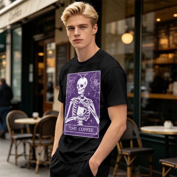 Olive T-Shirt With Skeleton Tarot Card 'The Coffee' Print