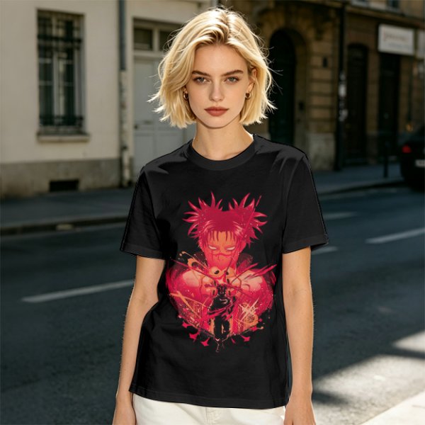Olive Anime Graphic T-Shirt With Spiky Red Haired Character Art