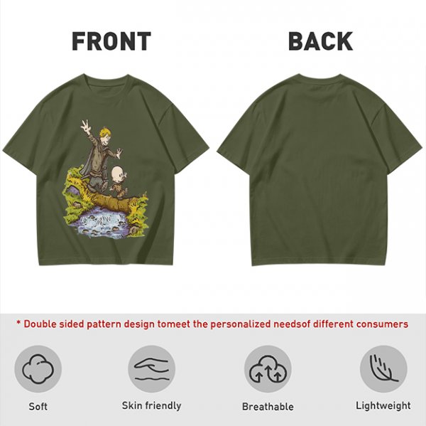 Olive T-shirt with fantasy characters balancing on a log over a stream