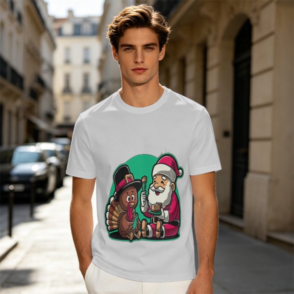 Olive T-Shirt with Santa and Thanksgiving Turkey Graphic