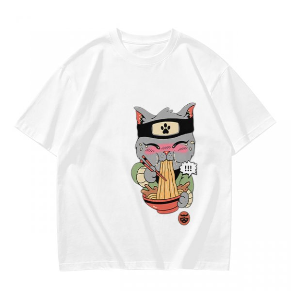 Olive green t-shirt with a ninja cat eating ramen graphic